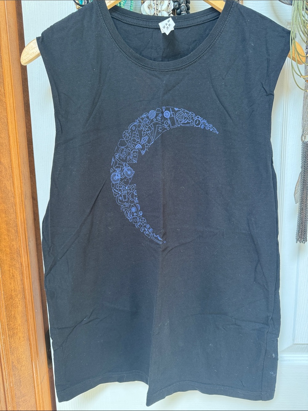 Black Sleeveless Tank with Crescent Graphic